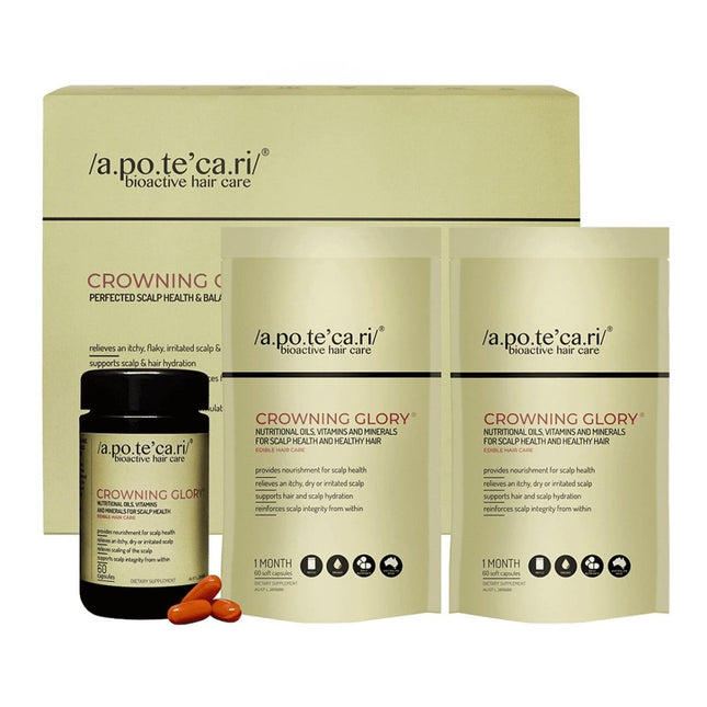 Apotecari Crowning Glory - Perfected scalp health & balanced hydration 180 Capsules Kit - shop.rawhair