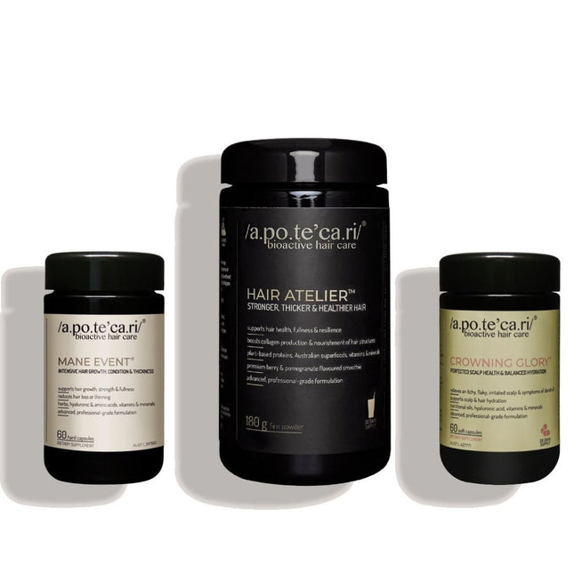 Apotecari The Complete Trio (Apotecari Mane Event 60 Capsules + Apotecari Hair Atelier 180g + Apotecari Crowning Glory 60 Capsules) - shop.rawhair