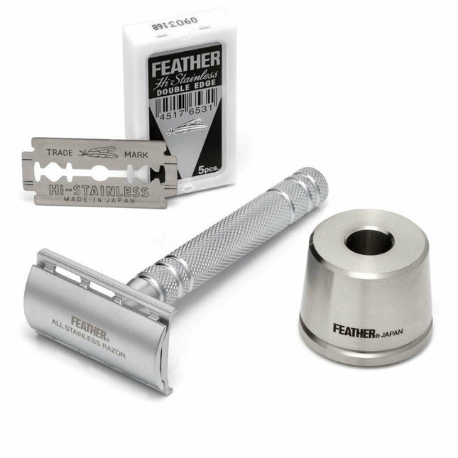 Feather AS - D2S Stainless Steel Safety Razor & Stand - Made in Japan - shop.rawhair