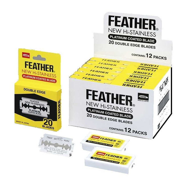 Feather New Hi - Stainless Platinum Coated Double Edge Razor Blades - 1Box(12 packs of 20) - shop.rawhair