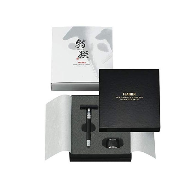 Feather WS - D2S Wood Handle Stainless Safety Razor & Stand - Made in Japan - shop.rawhair