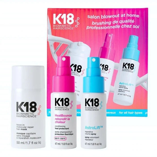 K18 Salon Blowout at Home Kit (Leave - In Molecular Repair Hair Mask 50ml, HeatBounce Conditioning Heat Protectant 47ml and AstroLift Volume Spray 47ml - shop.rawhair
