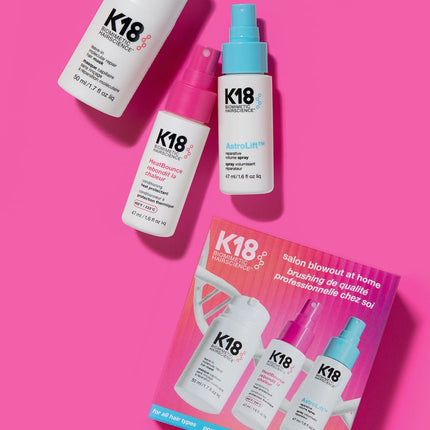 K18 Salon Blowout at Home Kit (Leave - In Molecular Repair Hair Mask 50ml, HeatBounce Conditioning Heat Protectant 47ml and AstroLift Volume Spray 47ml - shop.rawhair