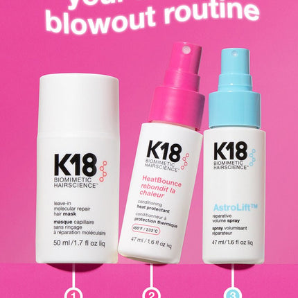 K18 Salon Blowout at Home Kit (Leave - In Molecular Repair Hair Mask 50ml, HeatBounce Conditioning Heat Protectant 47ml and AstroLift Volume Spray 47ml - shop.rawhair