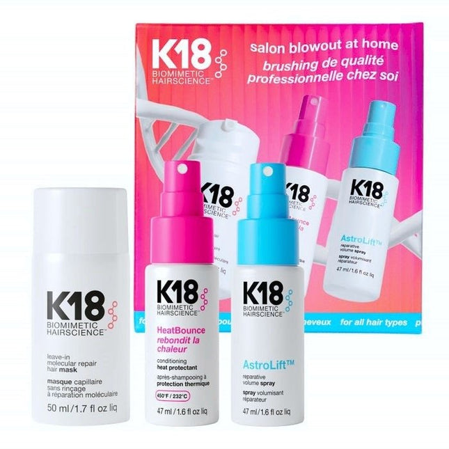 K18 Salon Blowout at Home Kit (Leave - In Molecular Repair Hair Mask 50ml, HeatBounce Conditioning Heat Protectant 47ml and AstroLift Volume Spray 47ml - shop.rawhair
